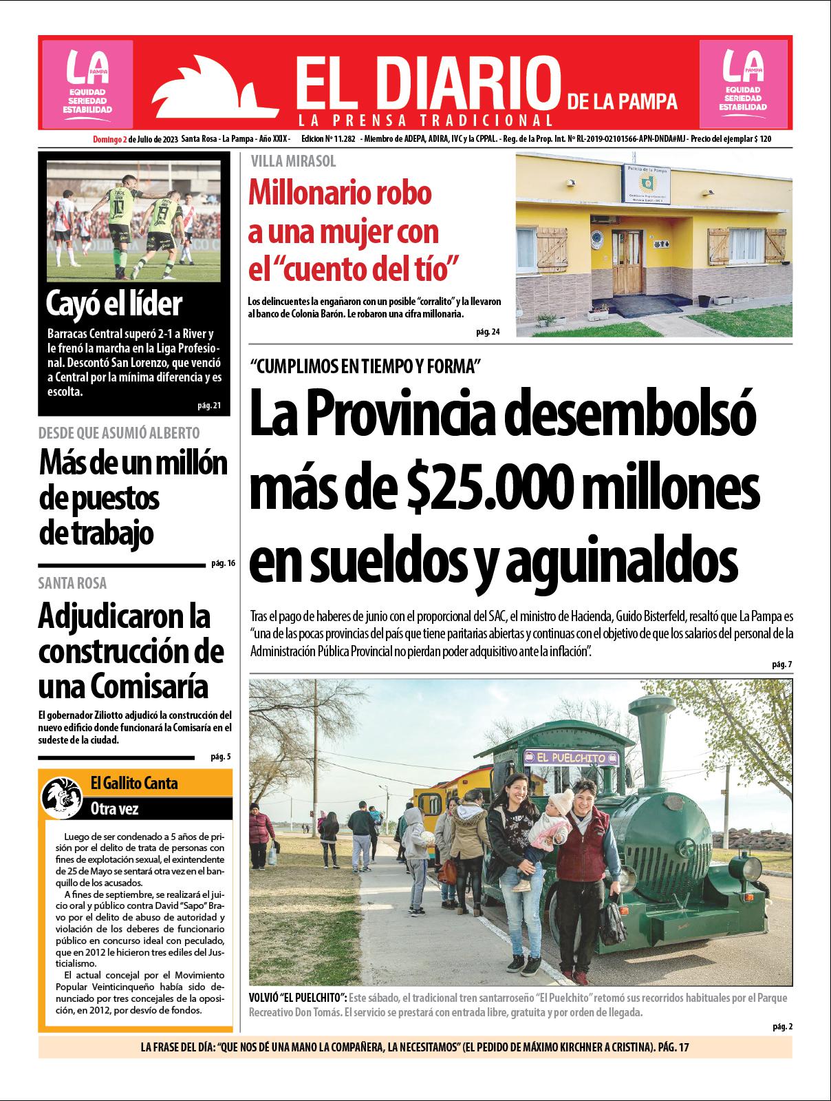 Tapa de El Diario en papel  domingo 02 de julio de 2023